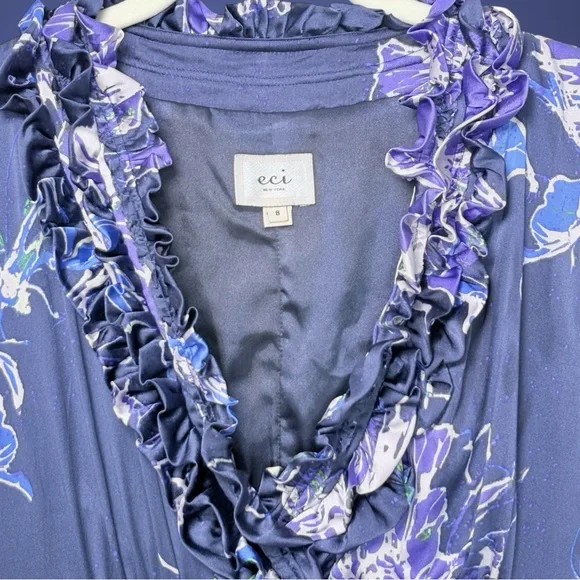 Y2K ECI Silk Floral Rosette Dress 8 Purple Blue Fluid Satin Finish Wedding Guest - Picture 3 of 12